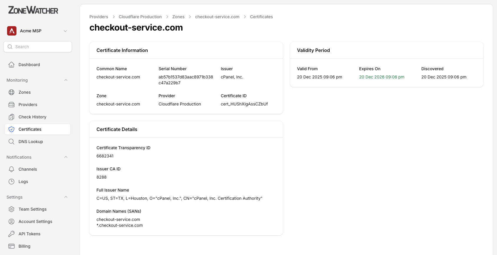 ZoneWatcher SSL/TLS certificate monitoring dashboard showing certificate details and expiration tracking